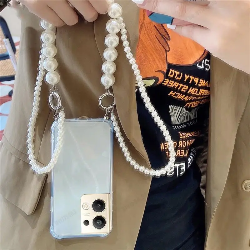 HD Transparent Wrist Strap Crossbody Lanyard Cover with Pearl Bracelet Soft Case