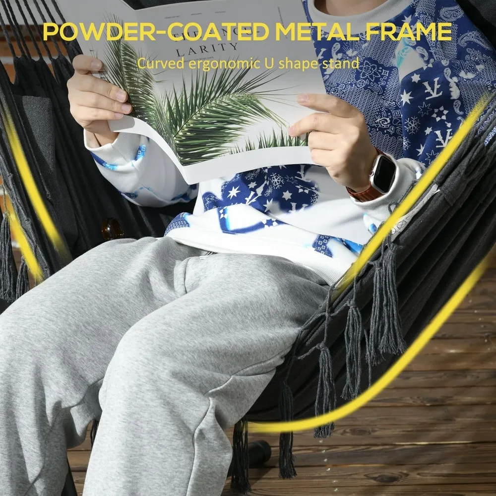 Patio Hammock Chair with Stand, Outdoor Hammock Swing Hanging Lounge Chair with Side Pocket and Headrest 3