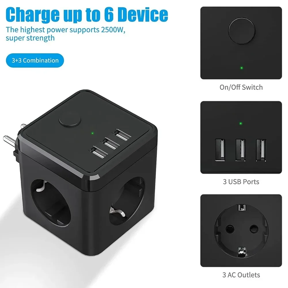 Power Strip with 2/3 USB Plug Cubic outlet with Cable Multiple Socket Switch for Office Home Travel Google Home Alexa