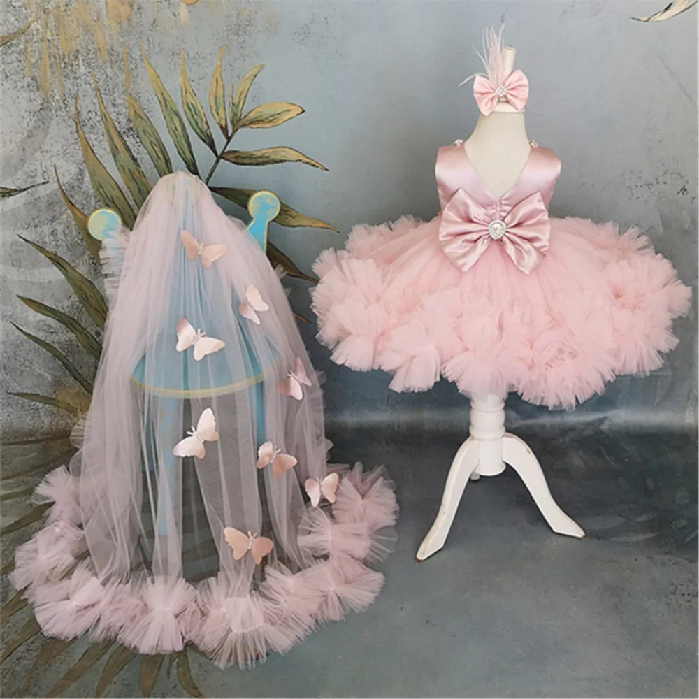 Flower Girl Dresses Baby Girls Wedding Party Pearls Tulle Evening Formal for Brides
