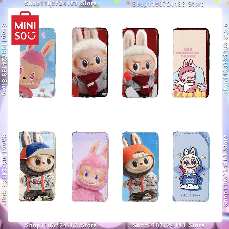 

MINISO Labubu кошелек с иллюстрацией из мультфильма, несколько стилей, милый Длинный кошелек для карт на молнии, ручная сумка, праздничный подарок