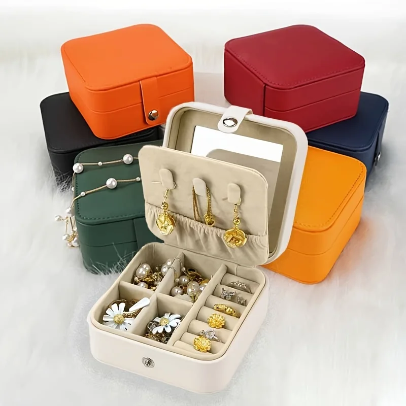 

1pc Elegant Portable Leather Jewelry Box | Compact Organizer with Mirror for Safekeeping | Perfect for Travel & Daily Use Pocket