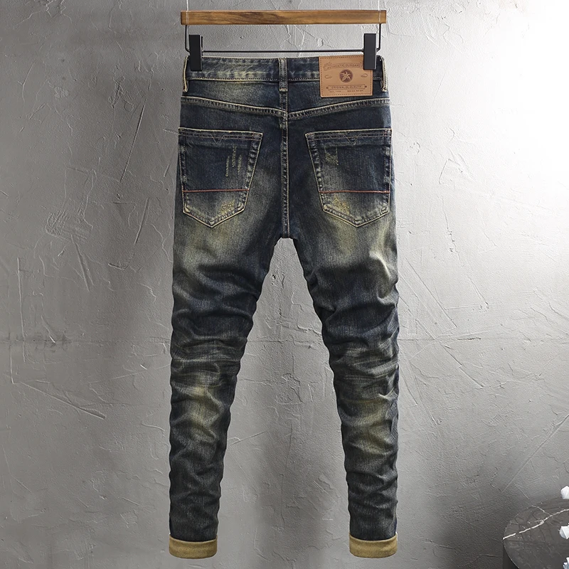Fashion Designer Men Jeans High Quality Retro Washed Blue Stretch Slim Fit Ripped Jeans Men Italian Style Vintage Denim Pants