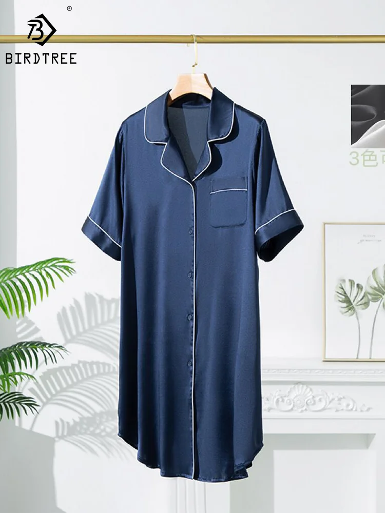 

Birdtree 19mm 93%Real Silk 7%Spandex Woman Silk Shirt Dress Single Breasted Mini Dresses 2023 Summer Nightgowns Navy P37109QM