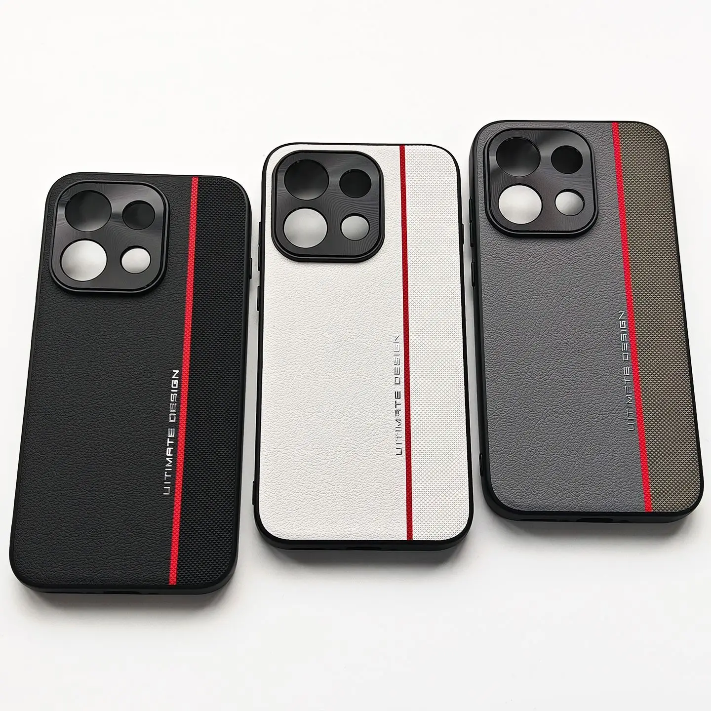 Stylish Red Line Textured PU Leather Phone Case with Metal Camera Protection and Shockproof Design