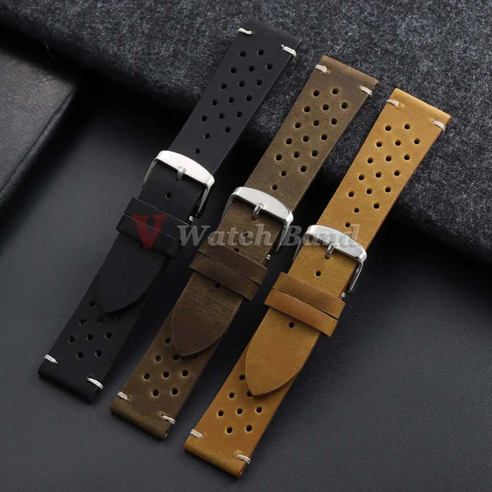 Handmade Dark Brown Vintage Racing Leather Watch Strap - Breathable and Porous Design