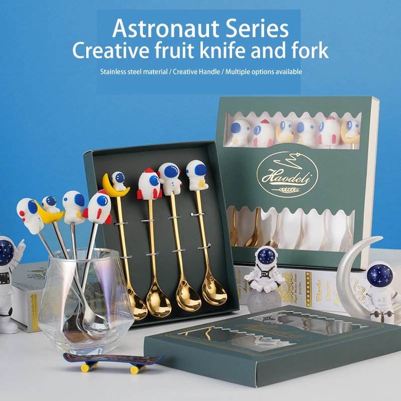 

New Astronaut Stainless Steel Spork Set Cartoon Dessert Spoon Coffee Spoon Spoon Gift In Stock