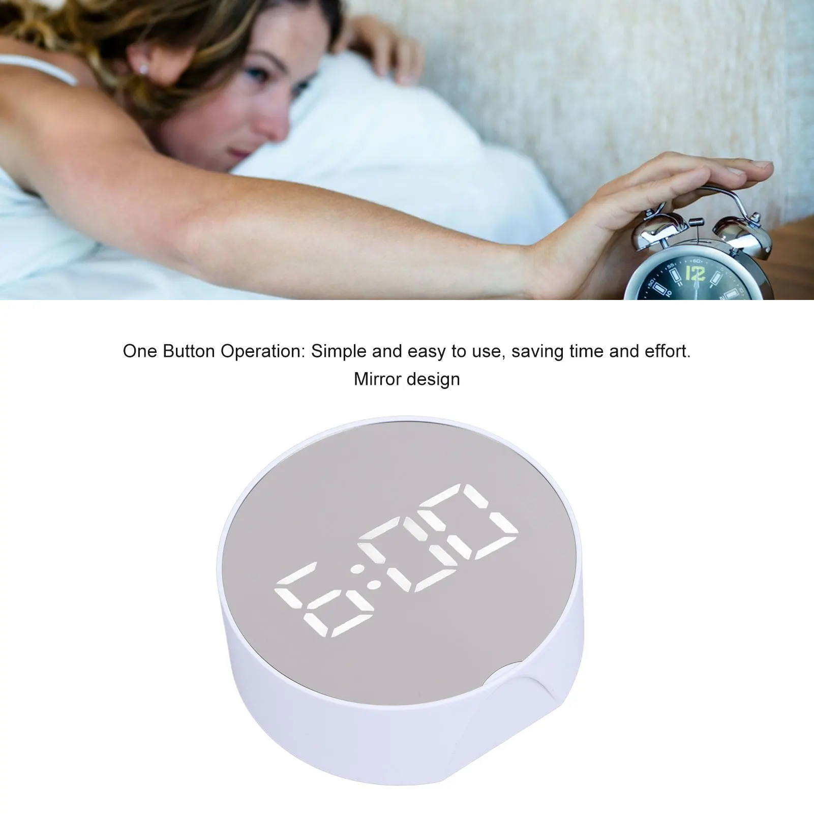 Digital Mirror Clock Alarm White Big Round Screen Easy to Read Portable LED Clock for Office Bedroom Travel Digital Mirror