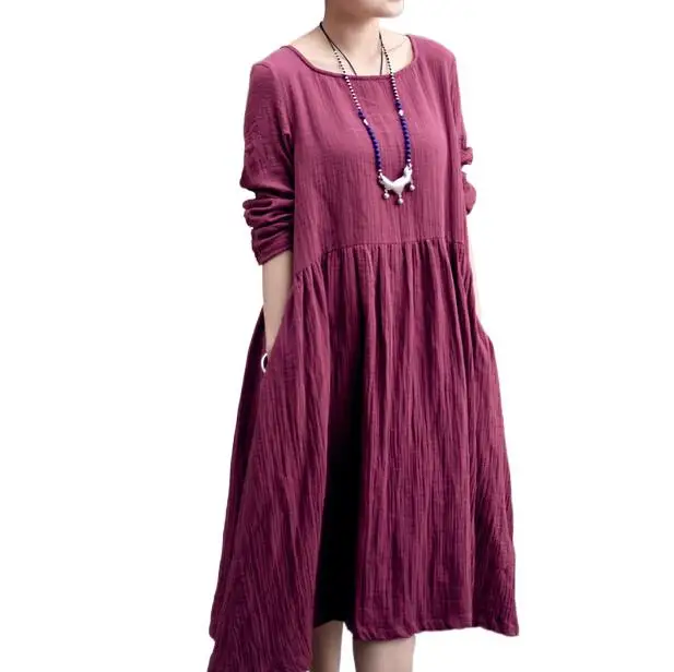 

Women Spring Autumn long sleeve dress,comfortable loose casual cotton linen long dress,Chinese style vintage vestidos wine blue