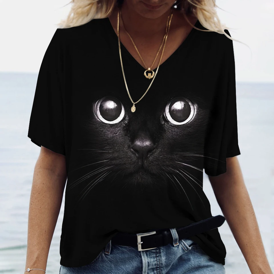 Fashion Animal Cat 3D Print T-shirts Women's T Shirt V-Neck