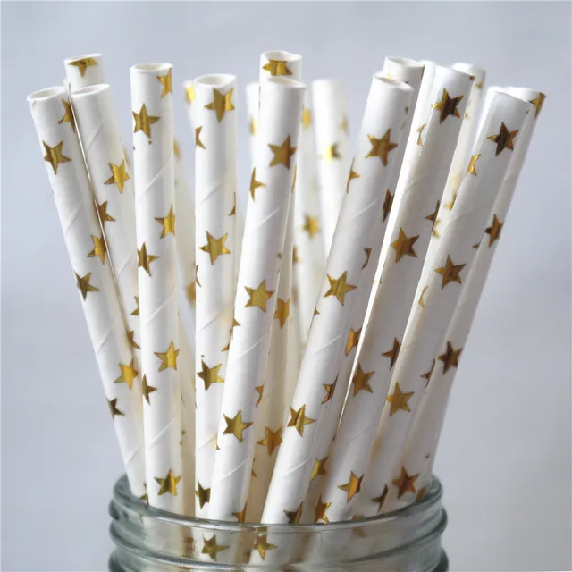 Metallic Gold Heart Star Foil Stripe Paper Straws