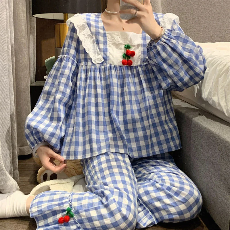 

Women's Plaid Pajama Set - Cute Sleepwear, Soft Pyjamas, Full-Sleeve Princess Lace Homewear, Plus Size Women's Fashion Sleepwear