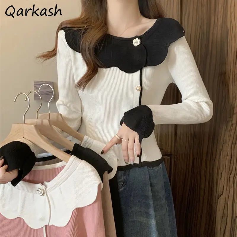

O-neck T-shirts Women Knitted Autumn New Long Sleeves Basic Slim Hot Sweet Ruffled Korean-style Elegant Leisure Trendy Gentle