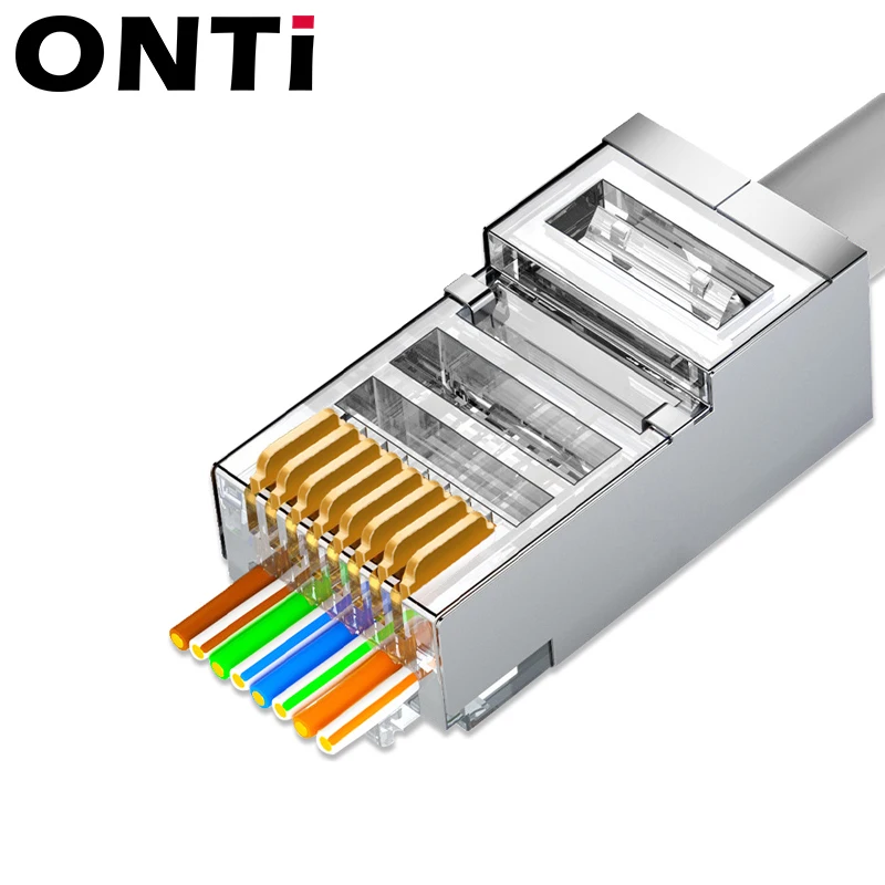 ONTi 10/50/100pcs CAT5E CAT6 CAT7 Plug RJ45 Connector 50U Gold Plated End Pass Through Network Cable Modular 8P8C Connector — view 3