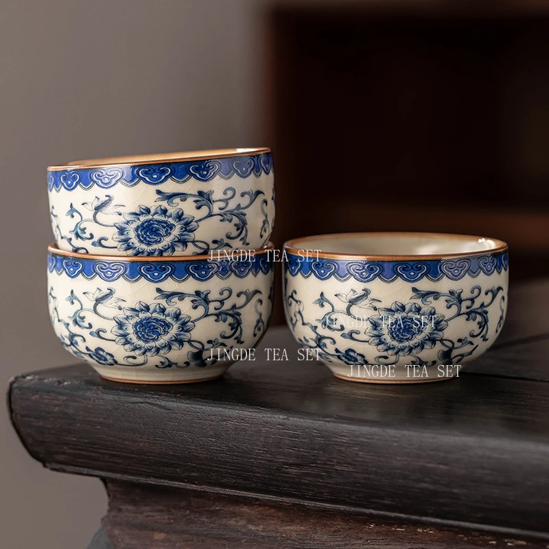 Blue and White Ru Kiln Tea Cup Home Ceramic Master Cup Full Flower Enamel Zen Meditation Cups Tea Tasting Cup Kung Fu Tea Set