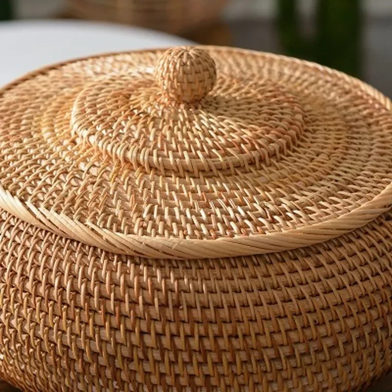 Round Rattan Boxes with Lid Hand-Woven Multi-Purpose Wicker Tray 11 Inch Picnic Food Bread Table Storage Basket WF Ring box Desk 4