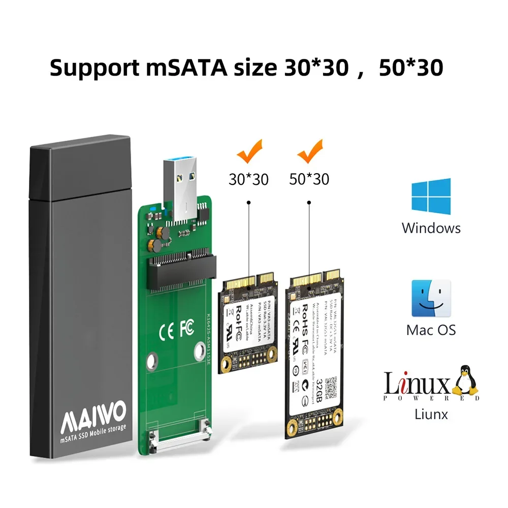 MAIWO mSATA 솔리드 스테이트 드라이브 케이스 USB3.0-USB3.0 SSD 인클로저 미니 외부 모바일 알루미늄 합금 mSATA 하드 드라이브 박스