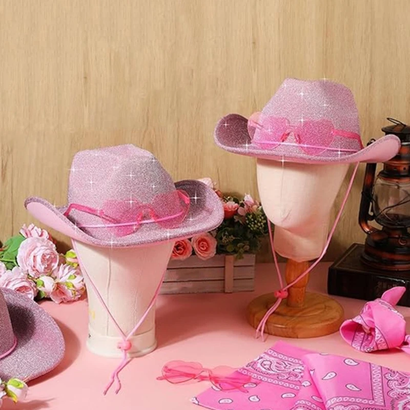 Cowboy Hats Cowgirl Hats Glitter Pink Cowboy Hat Sunglasses Scarf Theme Party Costume Stage Props Outfit