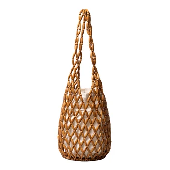 Borsa da Donna con Perline, Design Raffinato, Borsa a Secchiello Traforata con Perline di Legno, Borsa a Tracolla Artigianale, Borsa Estiva da Spiaggia per Donna