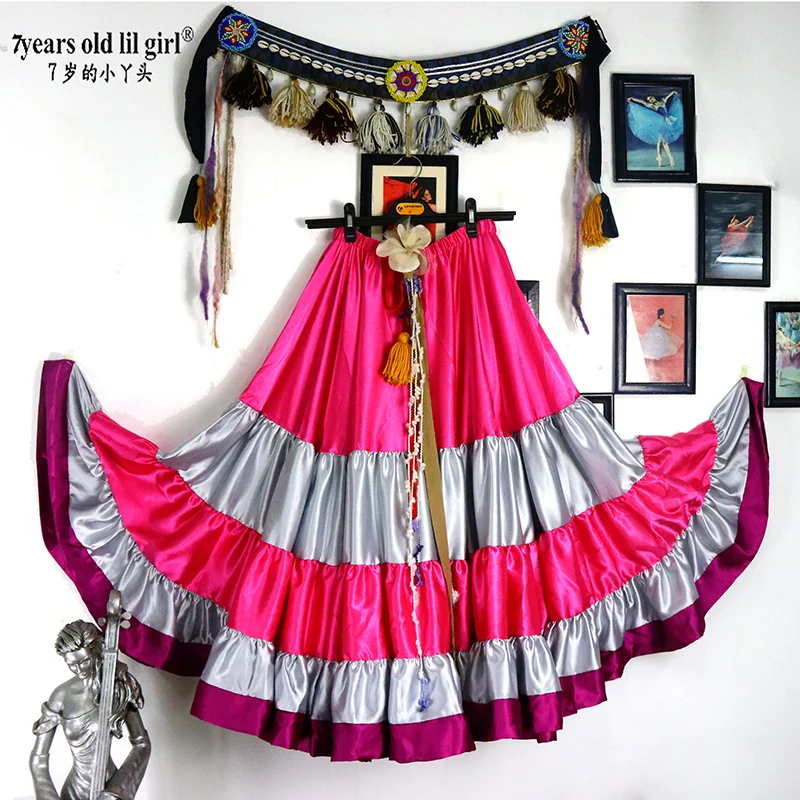 Gonna in raso per danza del ventre Gonna da ballo di grandi dimensioni, for carnevale, palcoscenico, spettacolo, donna, 540-720 gradi, gonna lunga, costume, abiti eleganti for donna(Wine red 720 degre