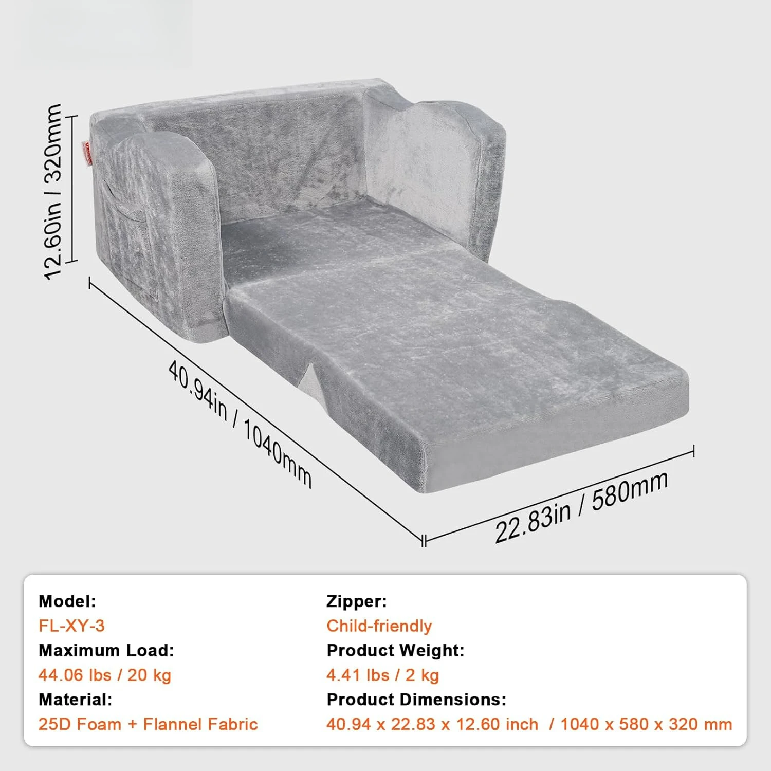 Kids Couch, Toddler Chairs Comfy, 2-in-1 Toddler Couch Sofa Bed Fold Out, Convertible Sofa to Lounger,Grey 3