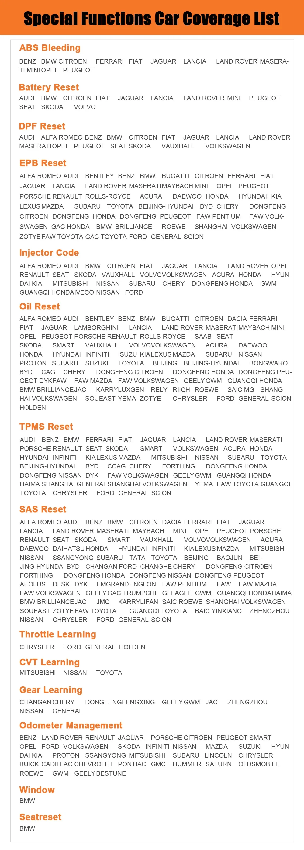 humzor np716 Special Functions Car Coverage List 