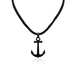 Men's Black Nautical Anchor Pendant Necklace with Adjustable Nylon Rope - Stainless Steel Fashion Accessory (Black)