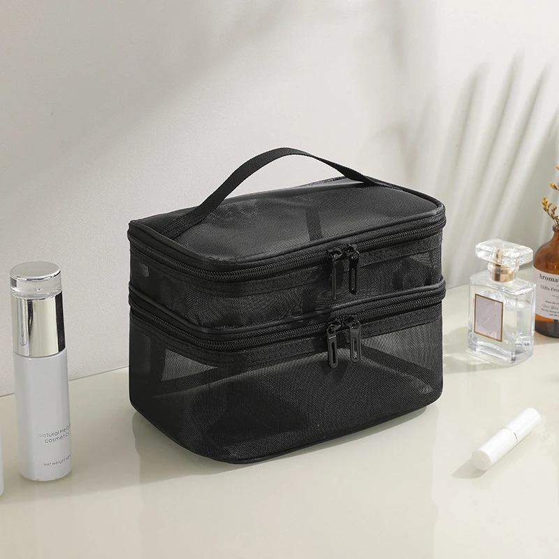 Grey Double Layer Mesh Cosmetic Bag Women Portable Make Up Case Big Capacity Travel Zipper Makeup Organizer Toiletry Storage Box 2