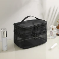 Grey Double Layer Mesh Cosmetic Bag Women Portable Make Up Case Big Capacity Travel Zipper Makeup Organizer Toiletry Storage Box 2