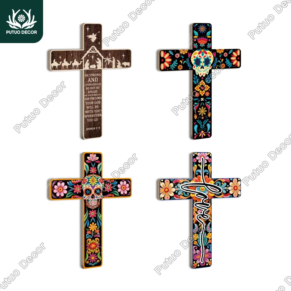 Putuo Decor Wandkreuz Mit Blumenmuster – Bemalt, 40,4x30 Cm, Mexikanischer Stil, Für Zuhause & Kirche