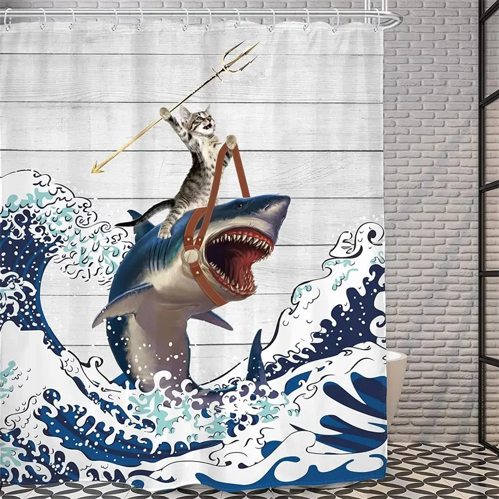 Funny Cat Dinosaur Shower Curtain Fishing Japanese Ocean Wave Rustic Wood Farmhouse Fabric Kids Bath Curtains for Bathroom Decor 4