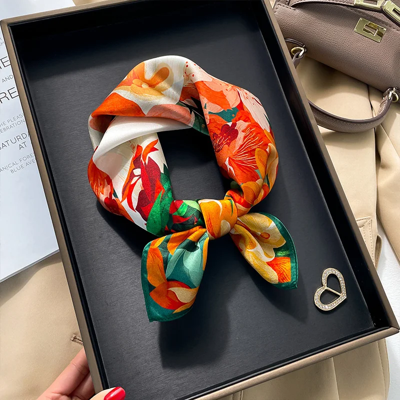 100% Real Silk Square Scarves Women Bandana High Quality Floral Printed Foulard Hair Tie Soft Neckerchief 2
