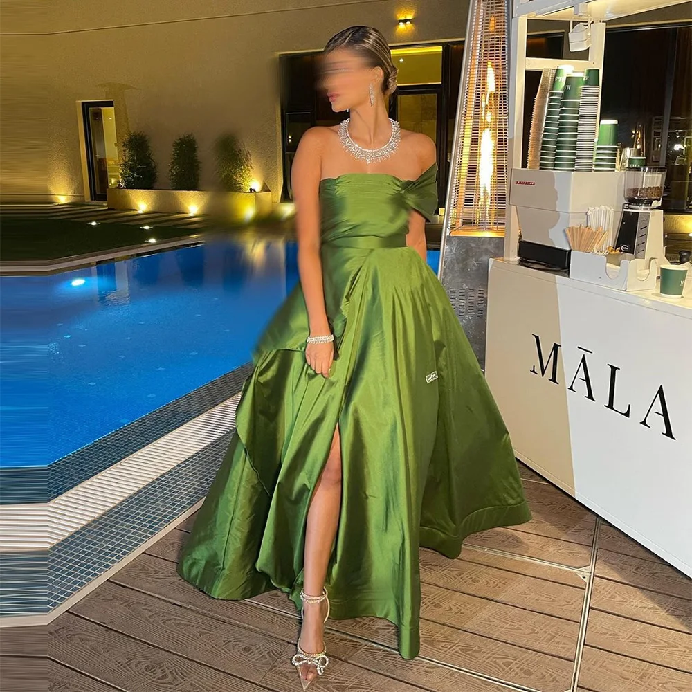 

Xijun Green Taffeta Saudi Arabic Evening Dresses One Shoulder Side Split A-Line Pleat Ruched Prom Dress Formal Party Gown