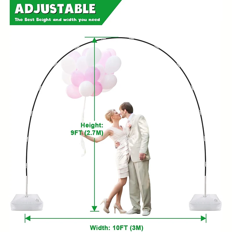 9Ft Tall 10Ft Wide Adjustable Plastic Balloon Column Stands Set with Water Fillable Bases and Water Bag 50 Balloon Clips