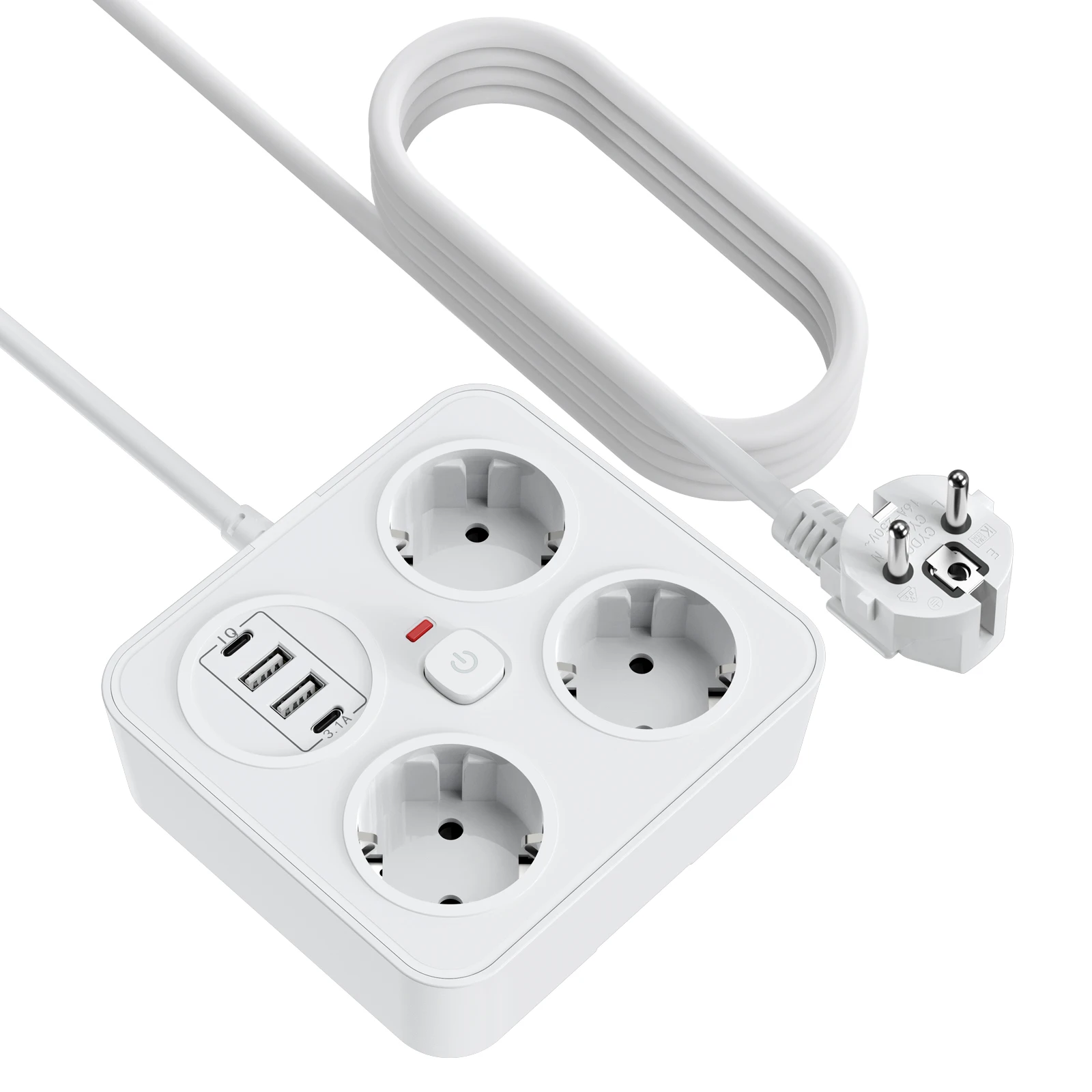 Power Strip European Plug Extension Cord 3AC+2USB-A+2USB-C with Switch Multi-Contact Socket 13A 250V 3250W Surge Protector