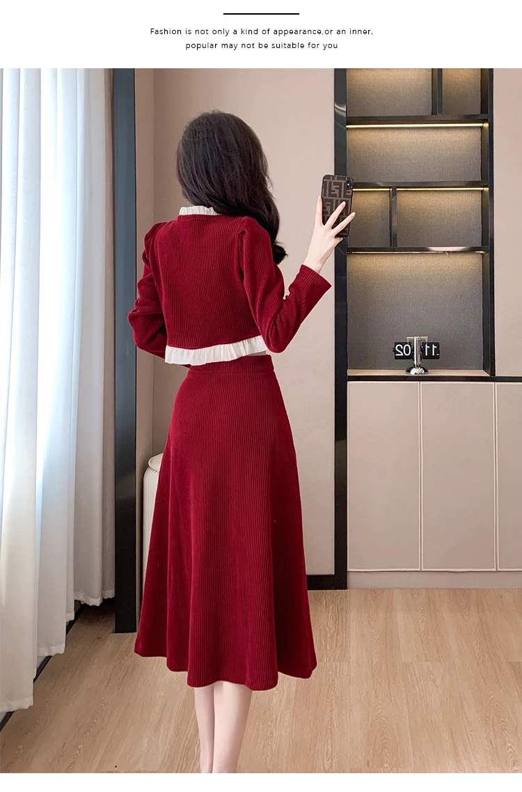 Autumn Winter Corduroy Two-piece Skirt Set Women Long Sleeve Ruffles O-neck Top Solid Midi Skirt Korean Fashion Outfits New