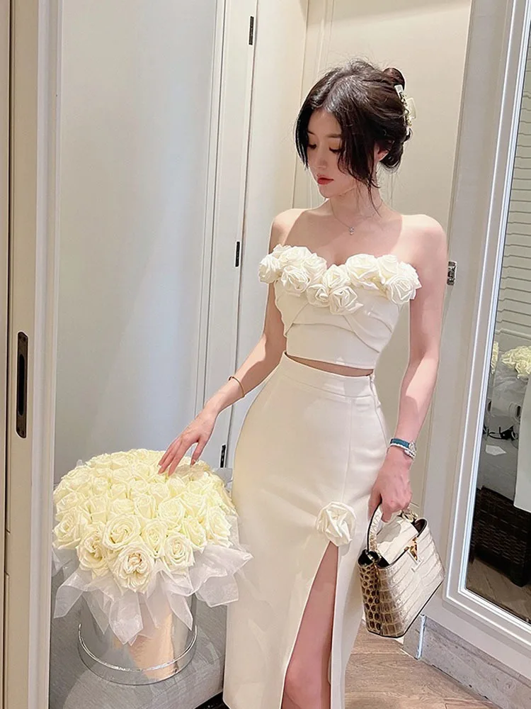 

Пикантный комплект из двух предметов для женщин, Новинка лета 2024, облегающий топ с открытыми плечами и цветочным принтом, с разрезом и полуюбкой