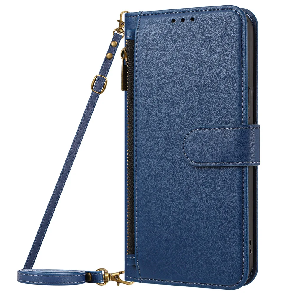 Leather Wallet Crossbody Phone Case with Lanyard Strap and Zipper