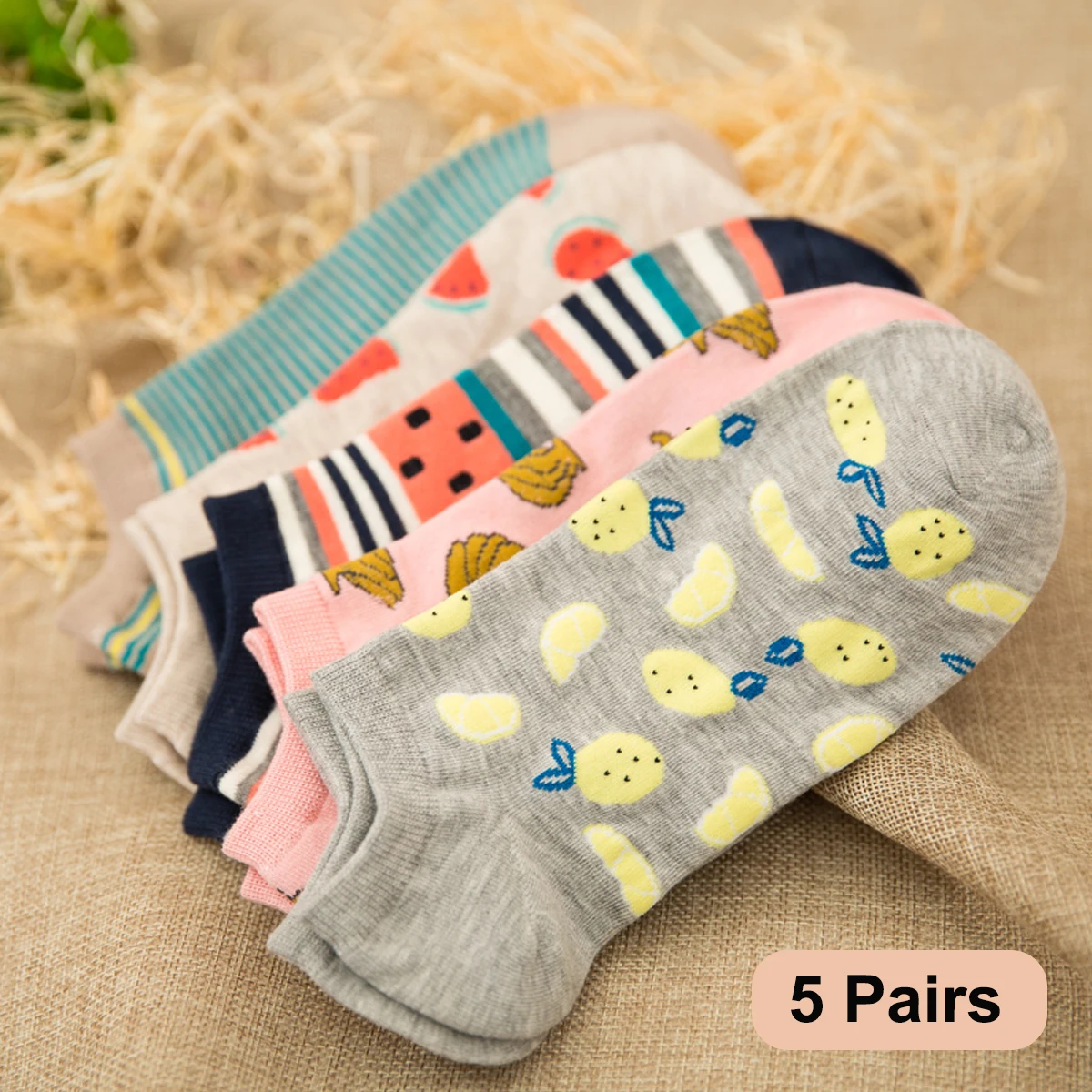 5 Paar Damen Ctue Fruits Banana Lässige Knöchel-Baumwollsocken EUR35-40