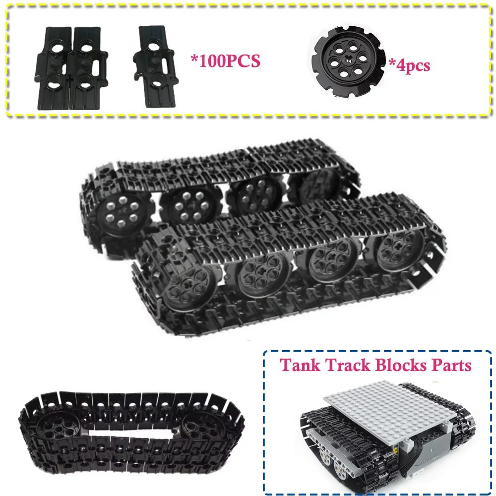 탱크 크롤러 빌딩 블록 부품 대형 탱크 엔지니어링 자동차 트랙 100PCS 대형 트랙 링크 + 4PCS 바퀴 벽돌 장난감 부품