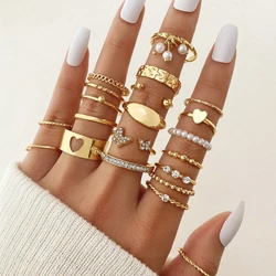 Boho Retro Zircon Heart Butterfly Zircon Ring Set Bohemia Gold Color Hollow Out Geometric Rings Vintage Elegant Women Jewelry