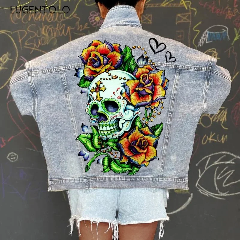 

Skull Jean Jacket Women Streetwear Fashion Long Sleeve Lapel Loose Printed Denim Jackets for Woman Lugentolo