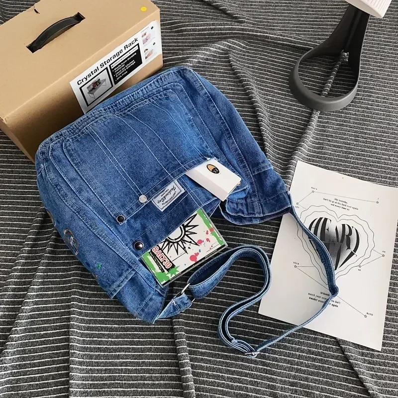 High Quality Canvas Women'S Shoulder Bag Unisex Denim Blue School Student Shoulder Bag  Casual Messenger Bag Crossbody Bag