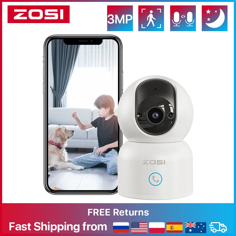 ZOSI 3MP Baby Monitor 2.4G/5G 360° Pan/Tilt Pet Smart Security IP Camera AI Human Tracking 2K HD WiFi Surveillance Cameras