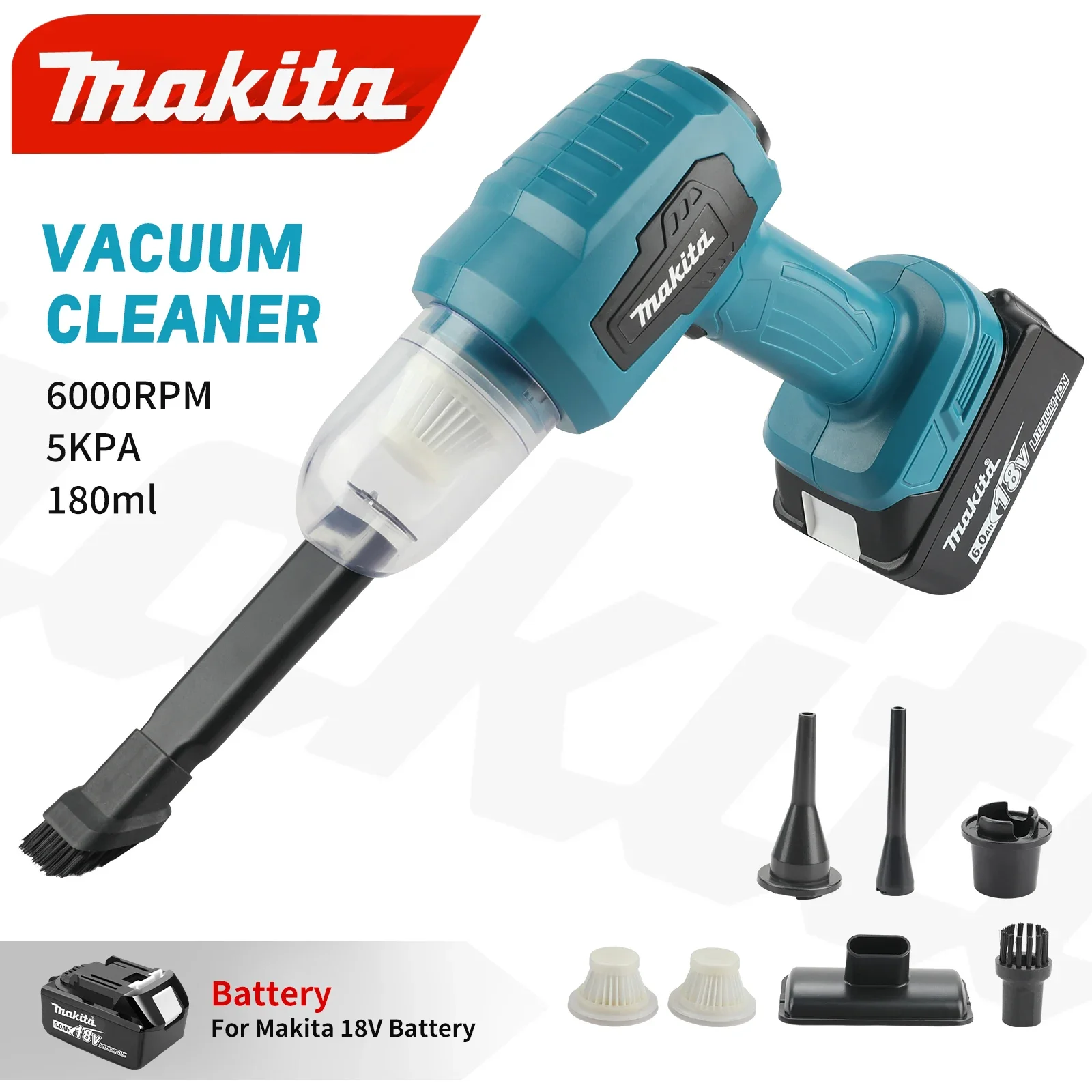 마키타 무선 진공청소기: 200W, 10000Pa, 180ML 18V 용량, 7개 노즐, 효율적인 자동차 및 작업 공간 청소 작업용