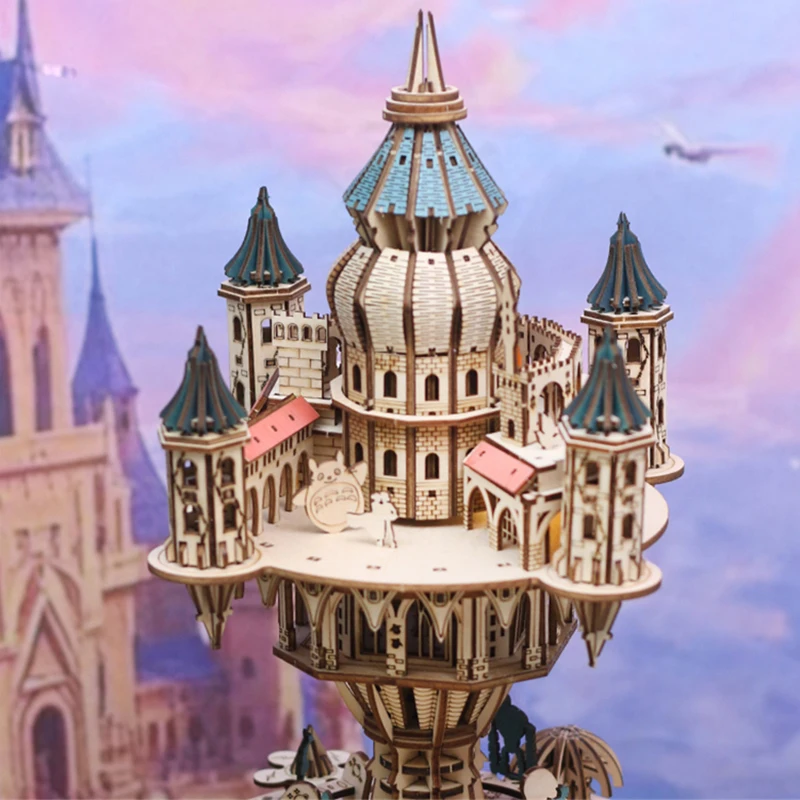 DIY 3D Wooden Puzzle Castle in the Sky Music Box Assembled