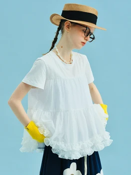 White T-shirt Women's imakokoni 2025 Summer Original Design Sense Front Shoulder Splicing Mesh Top 255035+255054 1