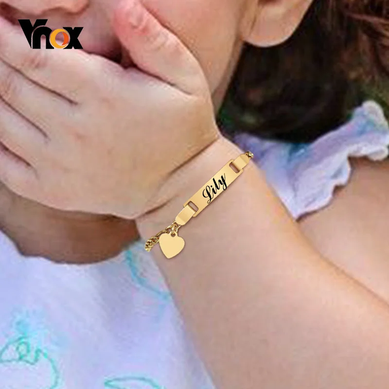 Vnox Customize Baby Bracelets,Custom Name Birth Date Bangle,Stainless Steel Heart Charm Bracelet for Kids Boy Girl Newborns Gift