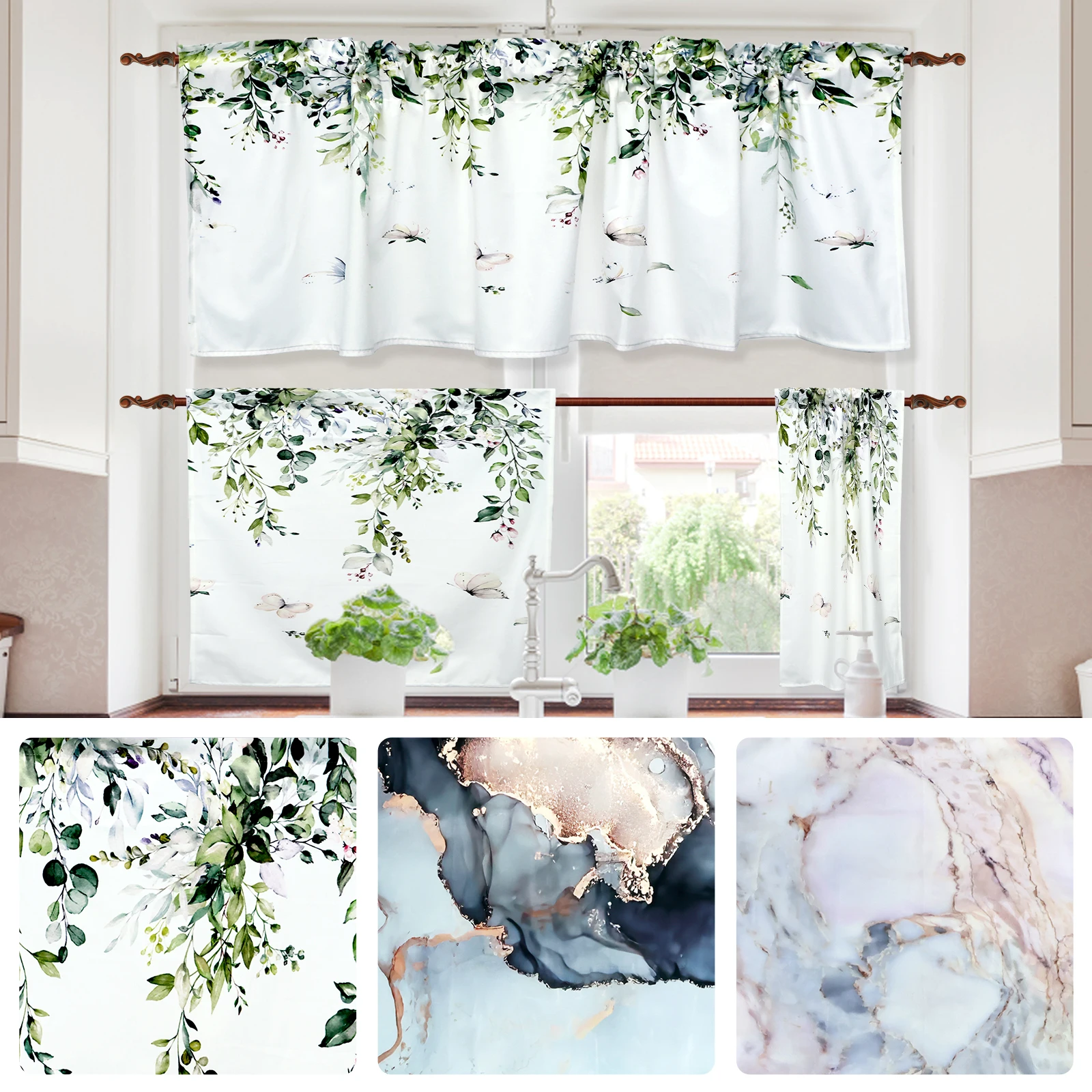 

3Pcs Curtain Tier and Valance Set Rod Pocket Short Window Curtains Leaves Small Window Tiers Curtain Polyester Window Short