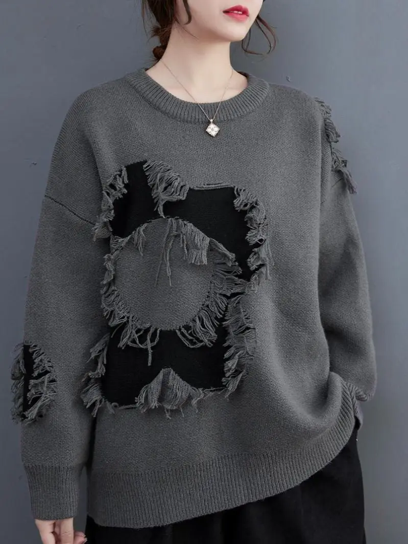 

Fashion Women's Autumn And Winter Loose 2022 New Color Matching Knitted Pullover A-straight Long Sleeves O-neck Vintage Sweater